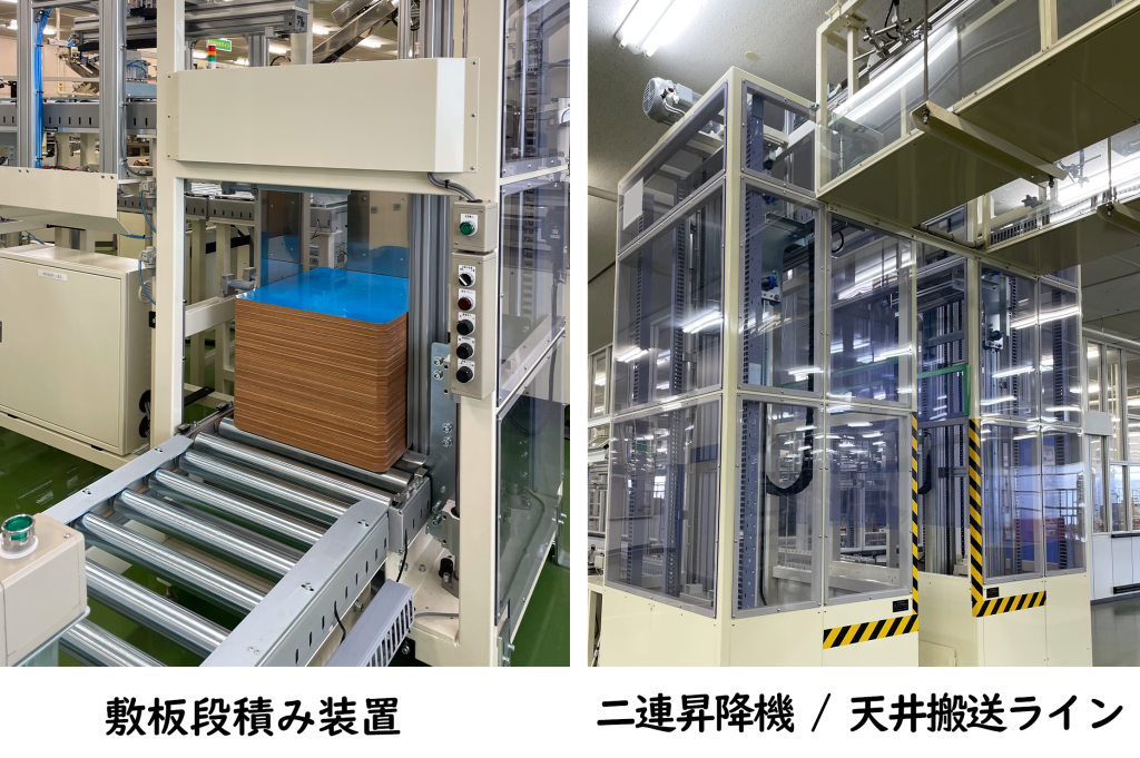 伊藤鉄工所
敷板段積み装置
二連昇降機　天井搬送ライン